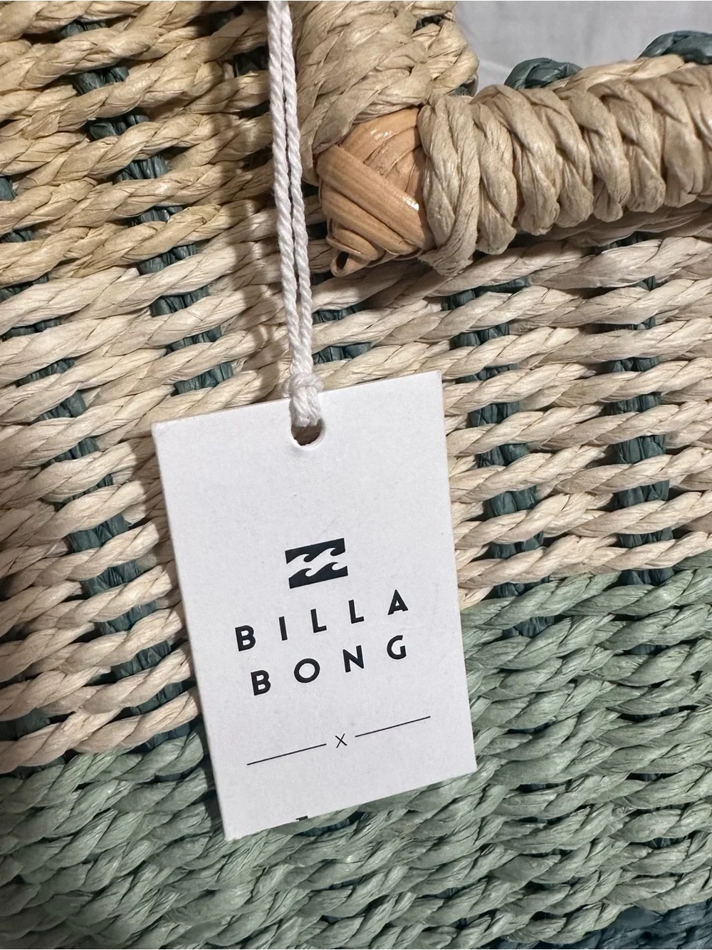 Billabong Green Ombre Woven Straw Tote with Wooden Handles